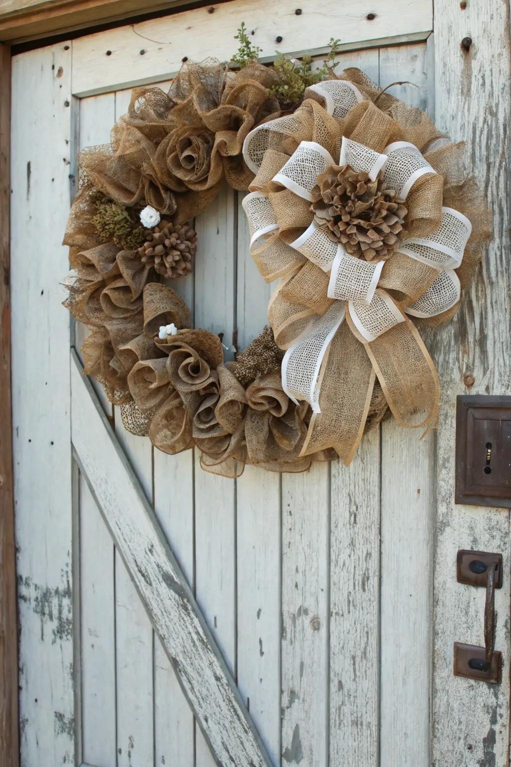 A rustic wreath marrying deco mesh and hessian for a farmhouse ambiance.