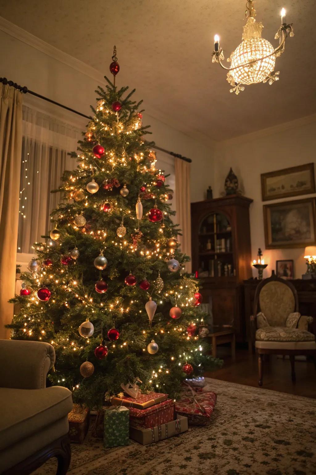 A nostalgic Christmas tree showcasing vintage lights and retro ornaments.