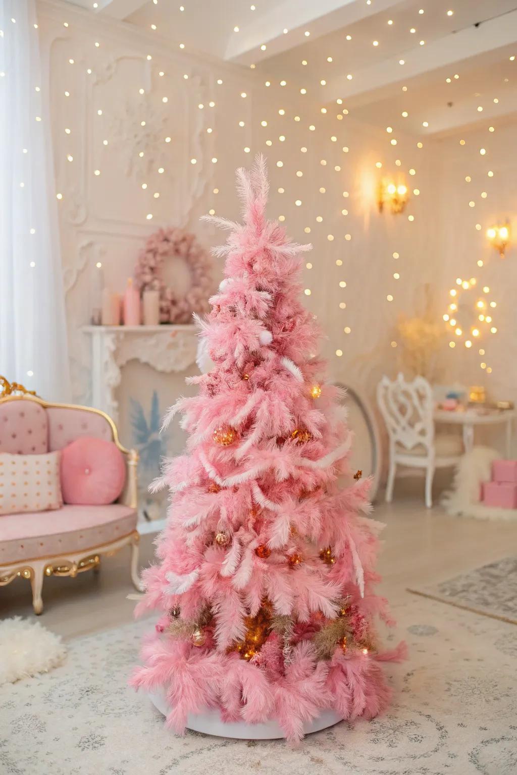 A rose-colored tree embellished with ethereal feathered strands.