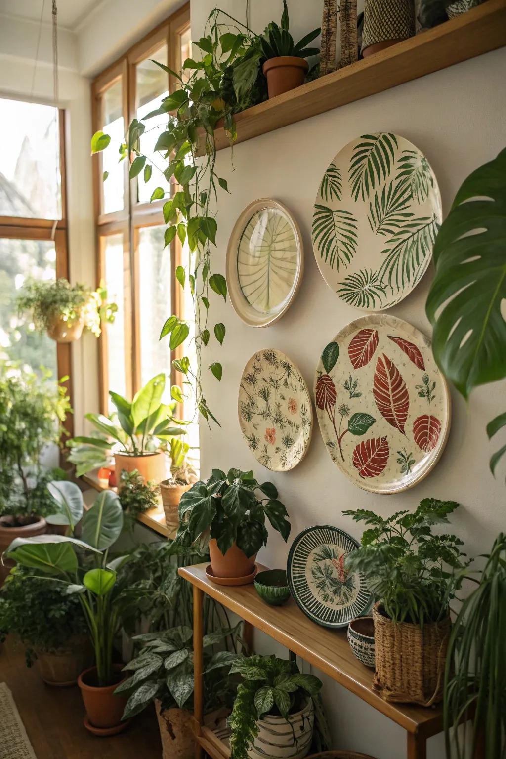Botanical-themed plates paired with verdant flora establish a revitalizing aesthetic.