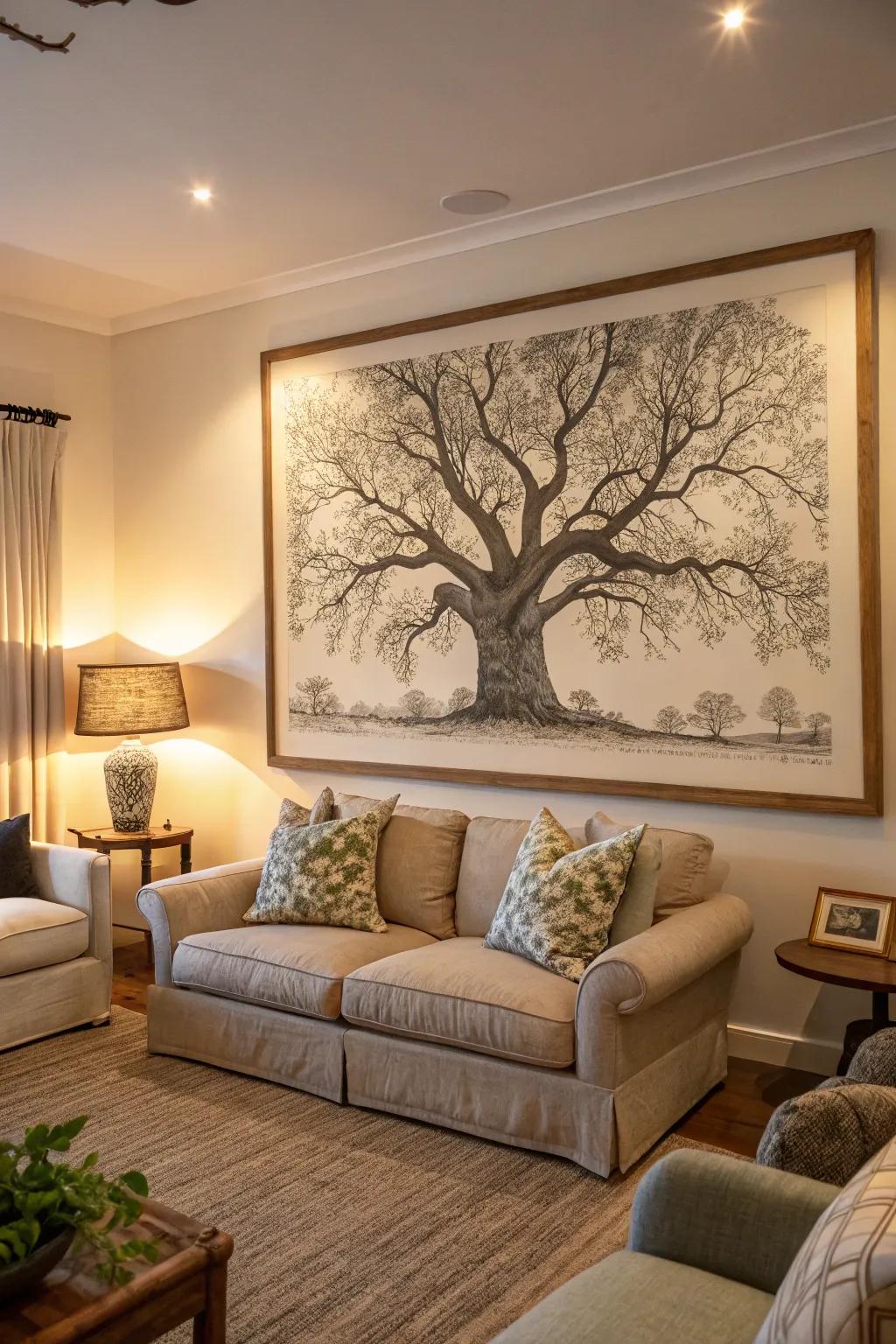 A living area featuring a sprawling tree sketch as its core visual element.