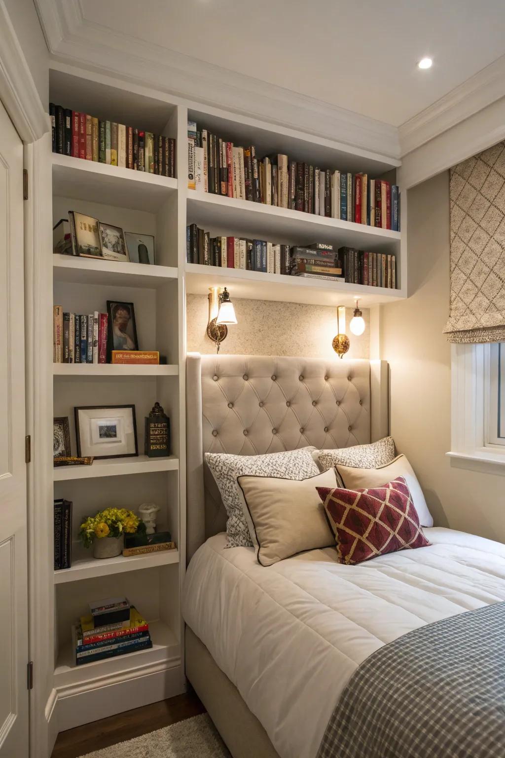High shelves and a tall headboard maximize vertical space in a compact bedroom.