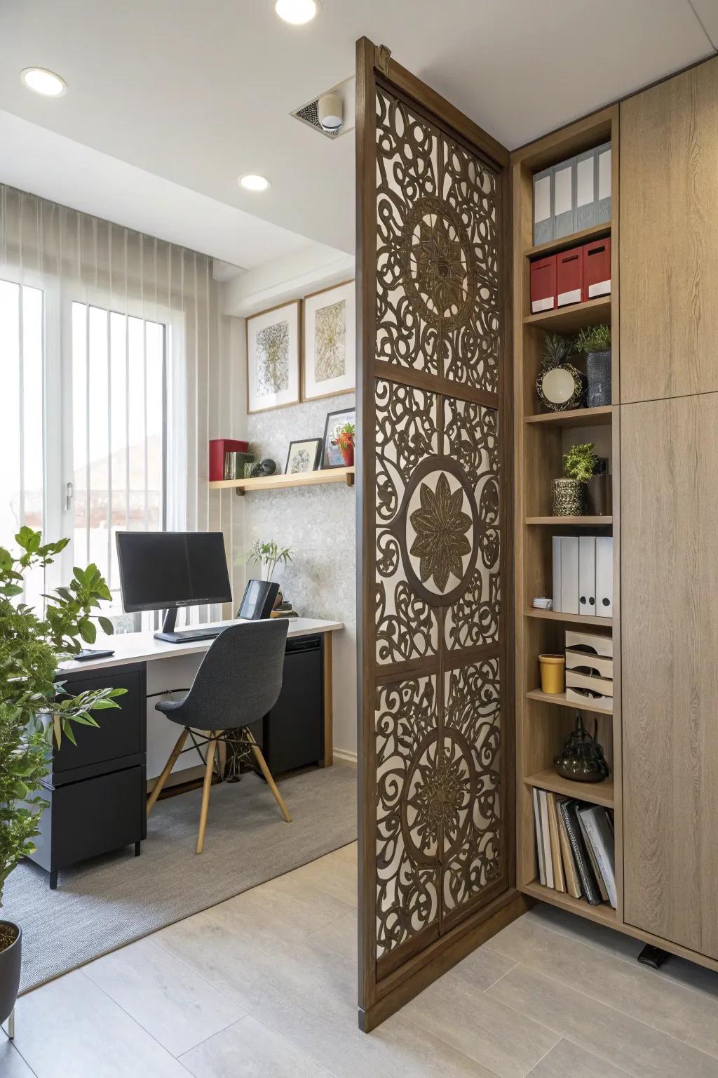 Patterned cutouts bring a sense of art to room separation.