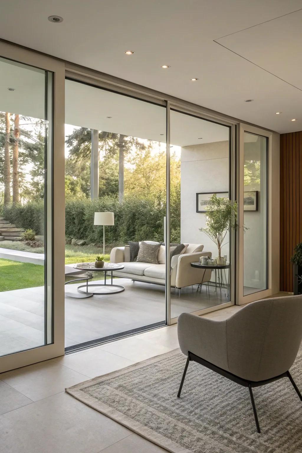 Glass doors craft an uninterrupted flow of space.