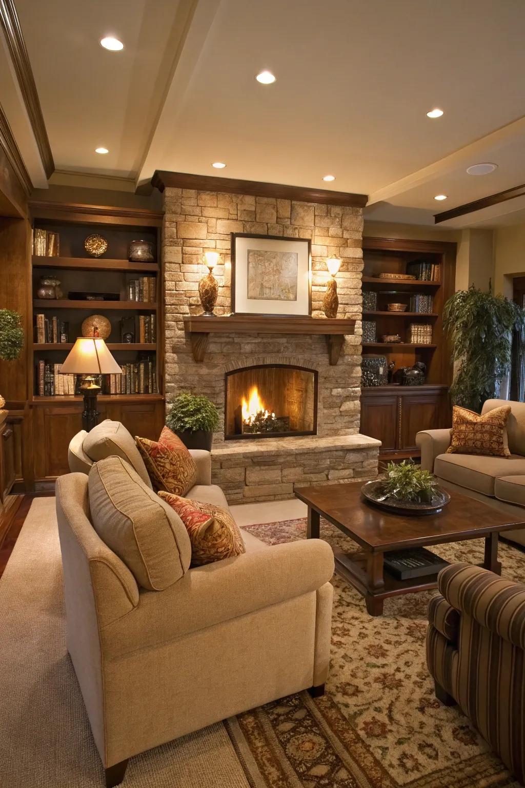 An intimate and welcoming den centered around a fireside feature.