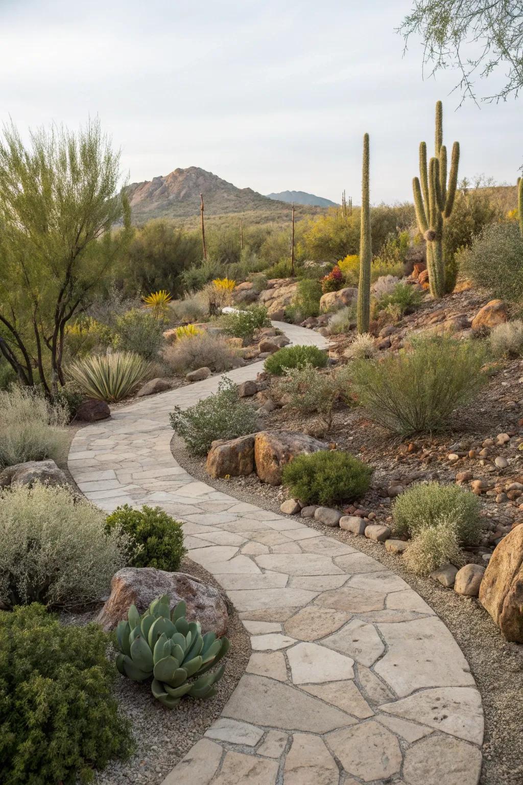 A natural stone pathway winding through an abundant desert landscape.