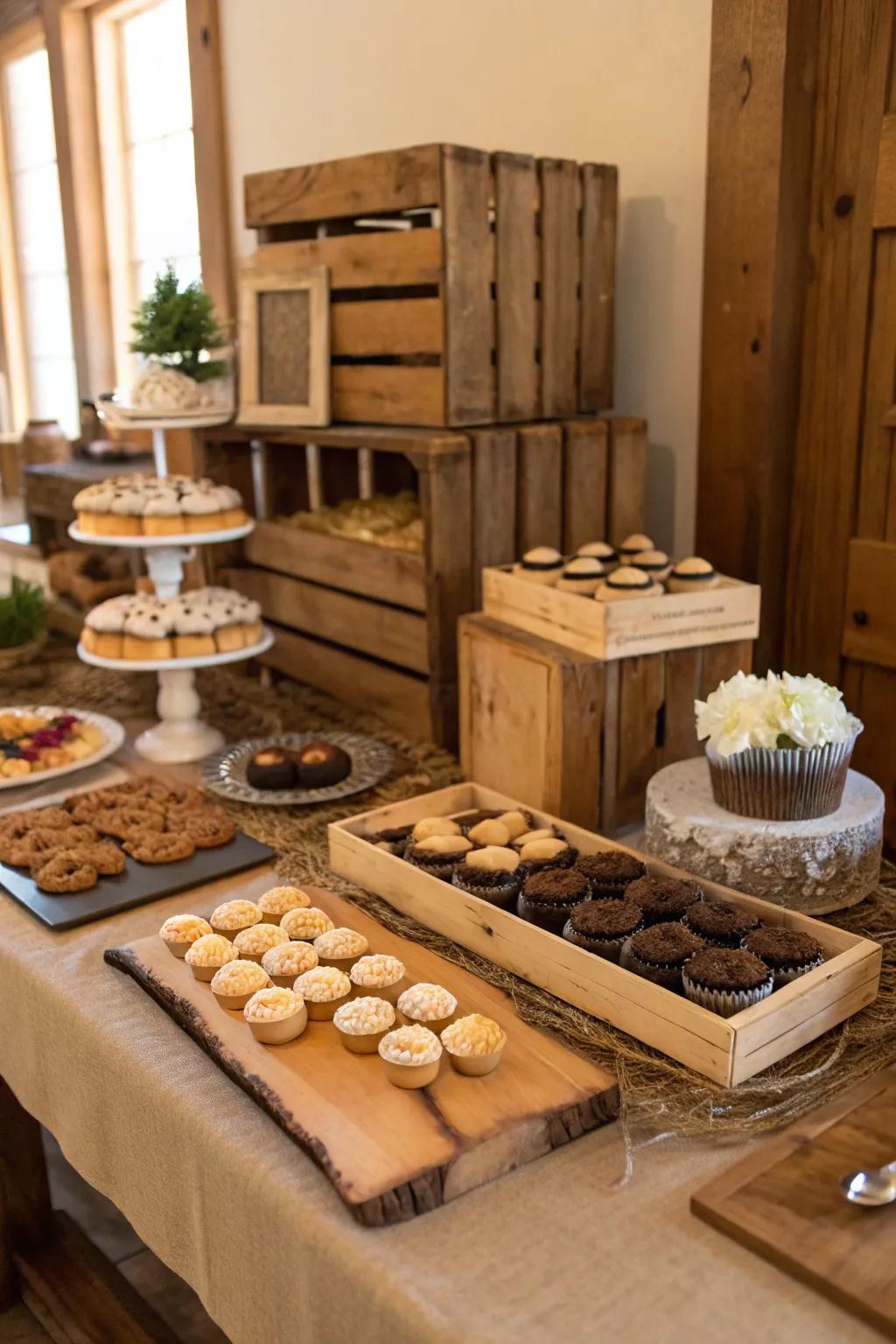 Wooden accents introduce a natural touch to dessert tables.