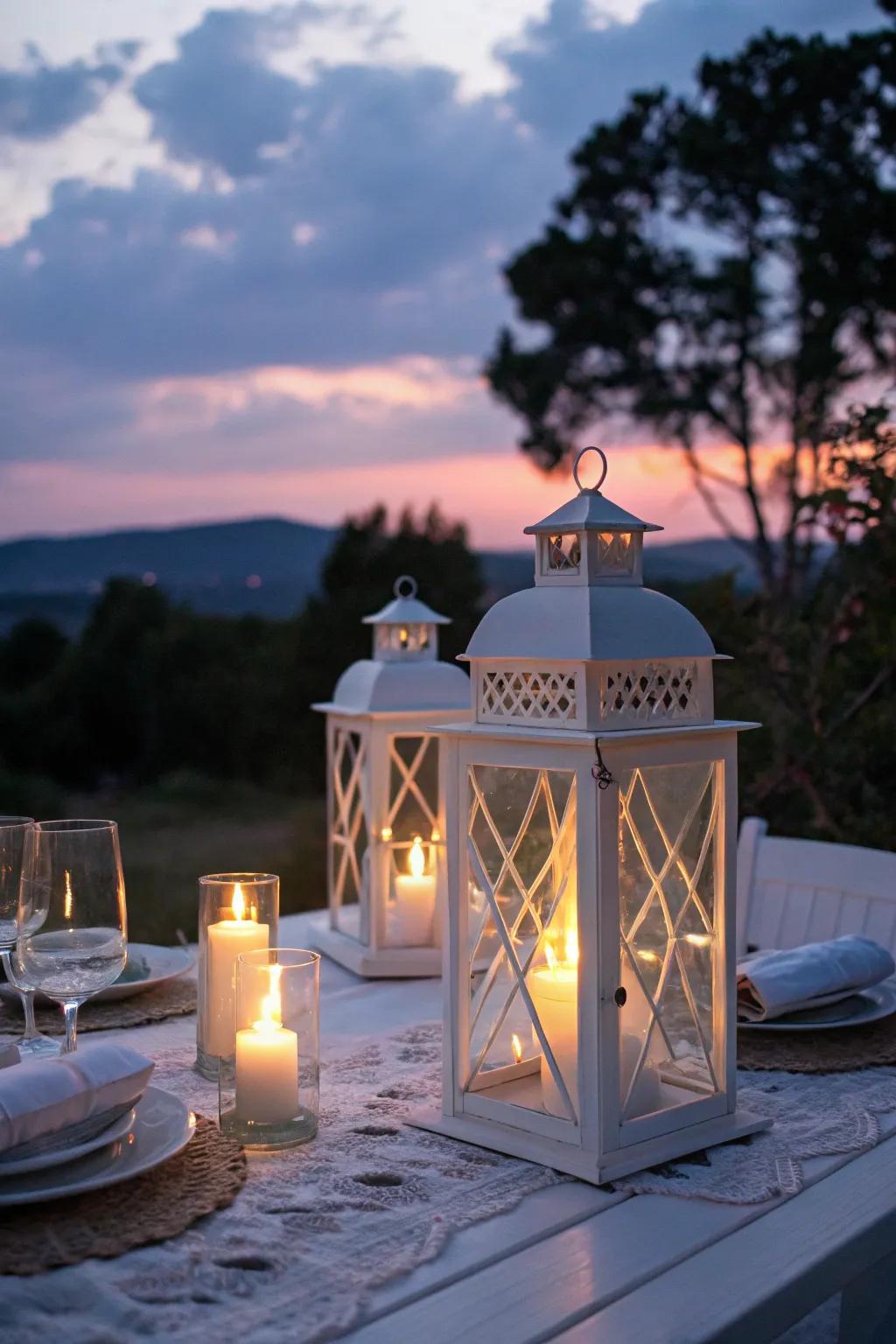 Create a warm glow with elegant white lanterns.