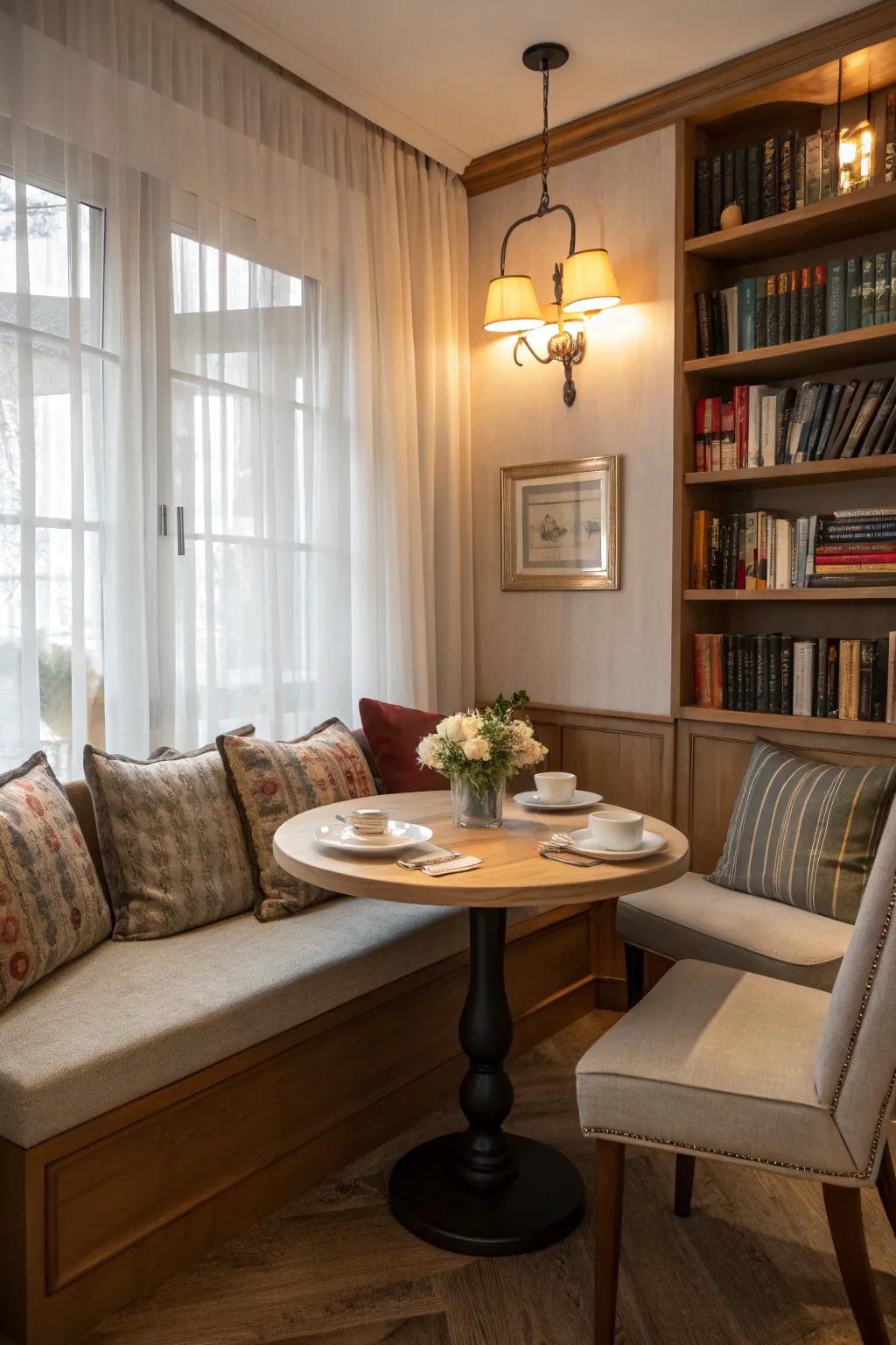 A delightful nook that offers a cozy dining experience in a compact setting.