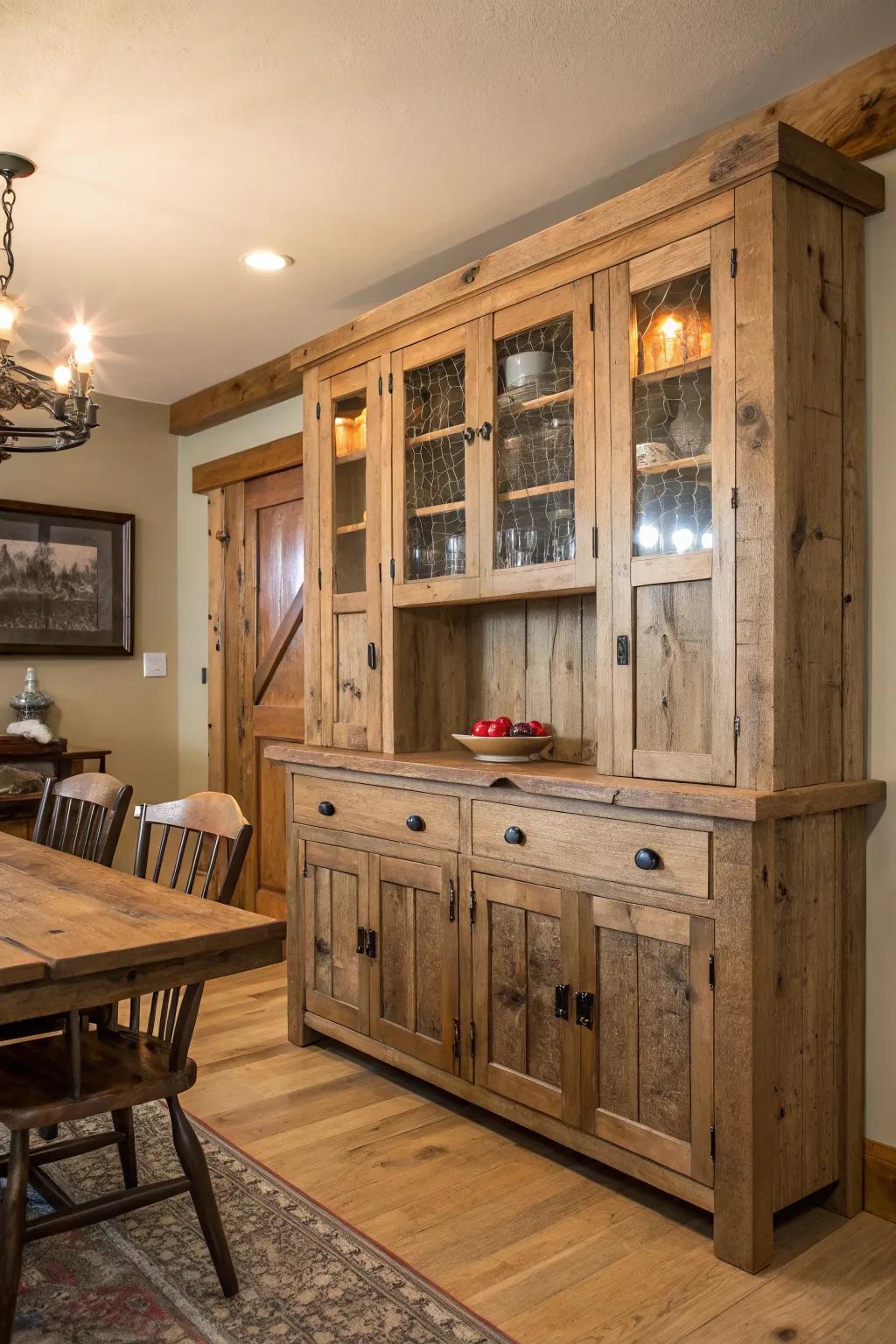 Rustic farmhouse cabinets add warmth and charm to the dining room.