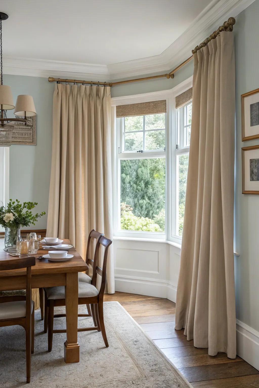Neutral window coverings complementing various dining room aesthetics.