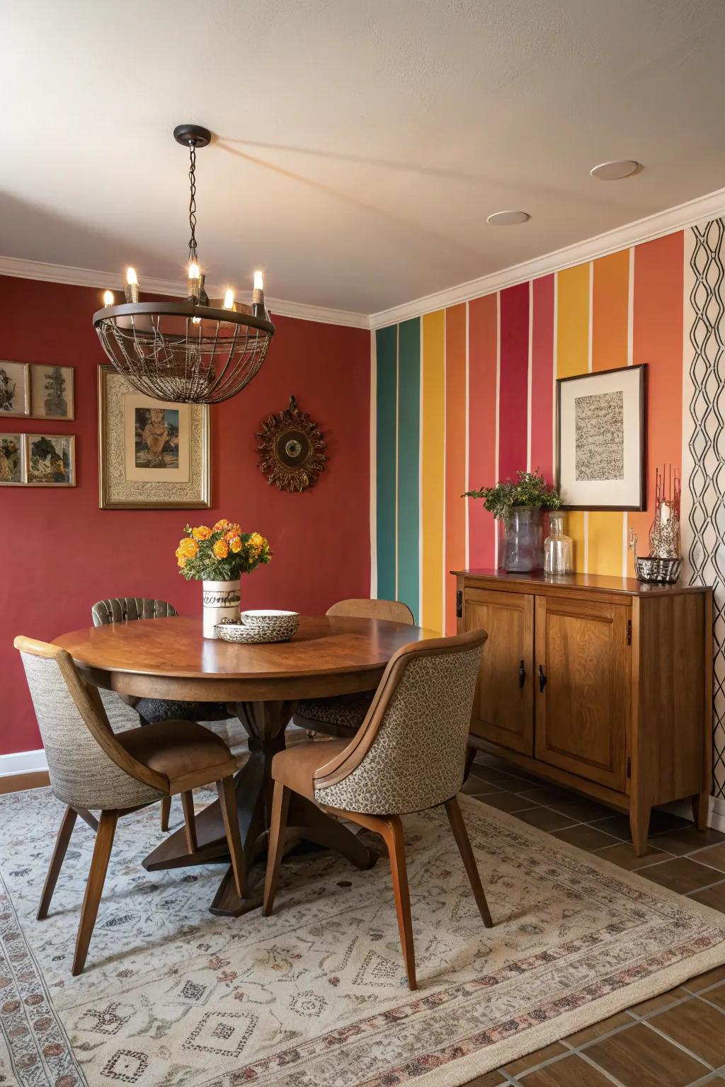 An eye-catching accent wall adds drama and style to the dining room.