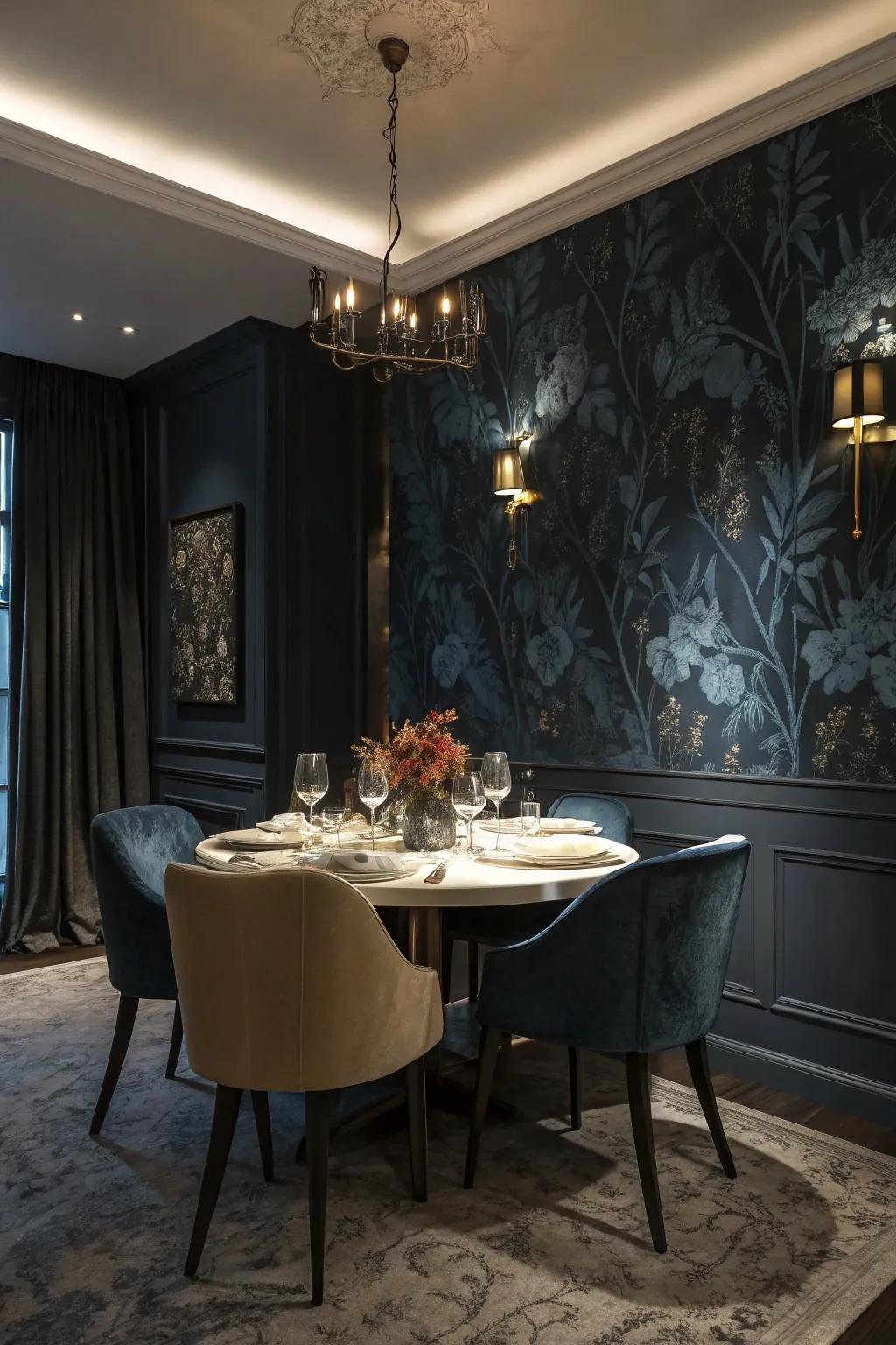Dark wall treatments bring a layer of refinement to this up-to-date dining area.