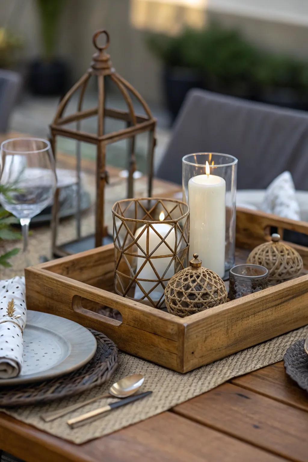A blend of materials enriches the visual appeal and dimension of your dining table centerpiece.