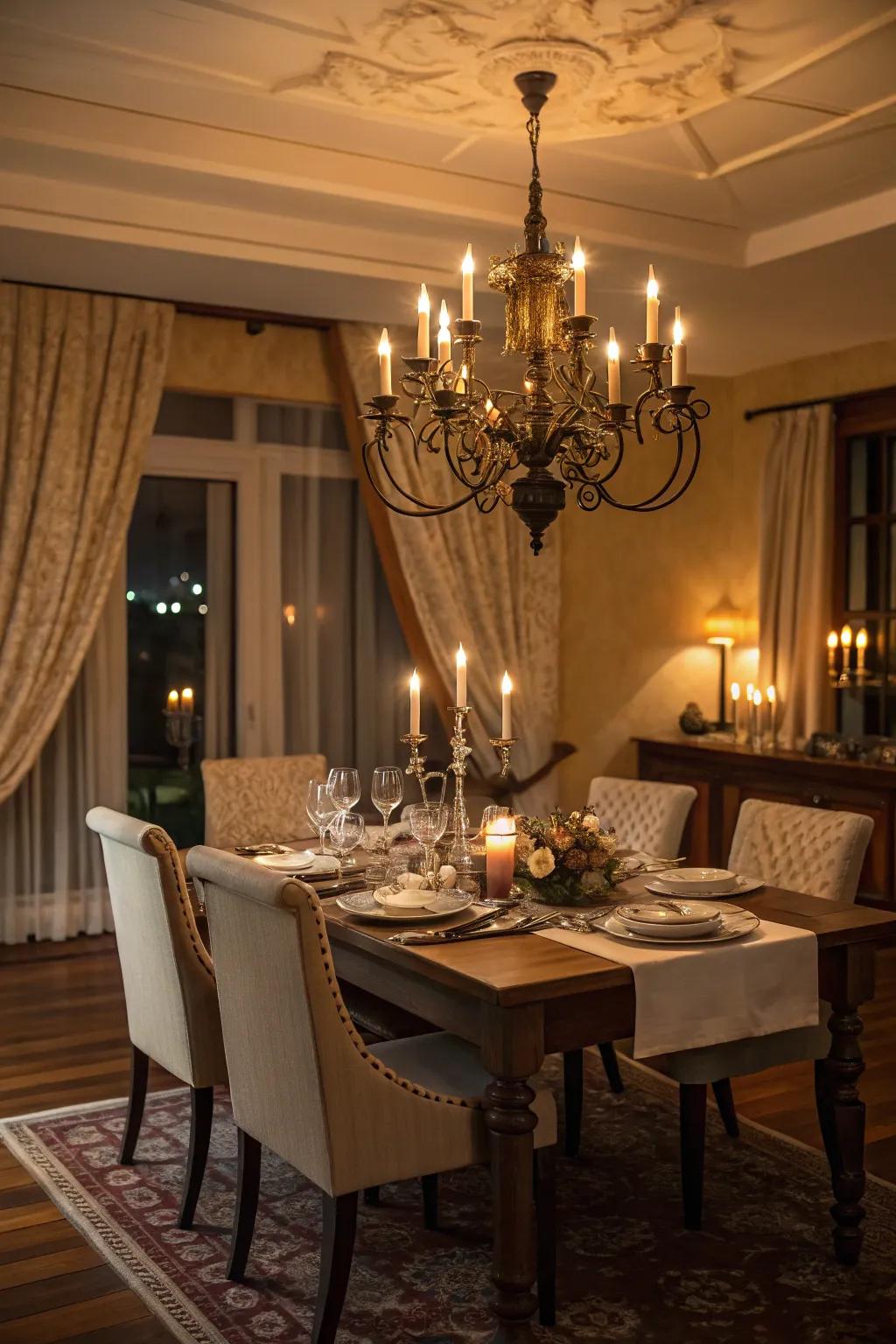 A dining table illuminated by an elegant chandelier.