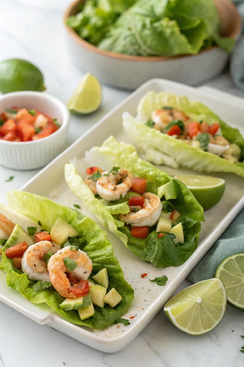 Enjoy the lightness and freshness of these shrimp and avocado lettuce wraps, ideal for summer.