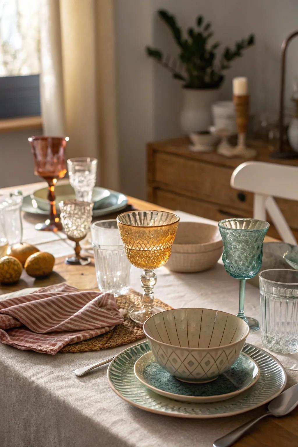 A supper table thoughtfully blending antique drinkware with modern table complements.