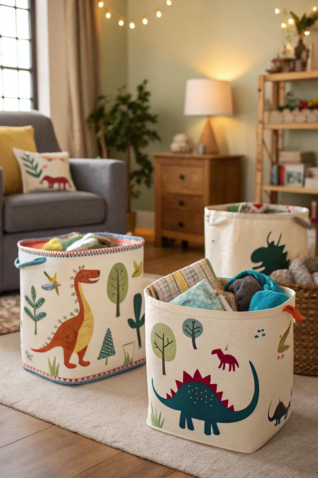 Dinosaur-themed baskets mixing design with storage.