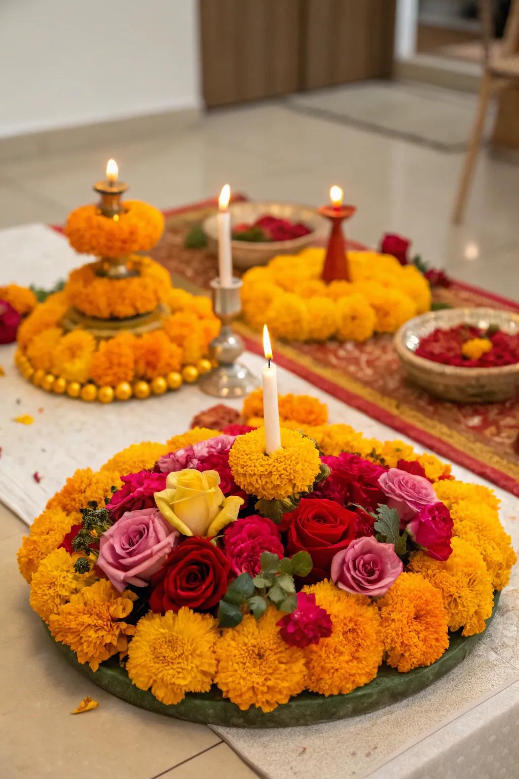 Botanical compositions of marigolds and roses contribute refinement to the Diwali table.