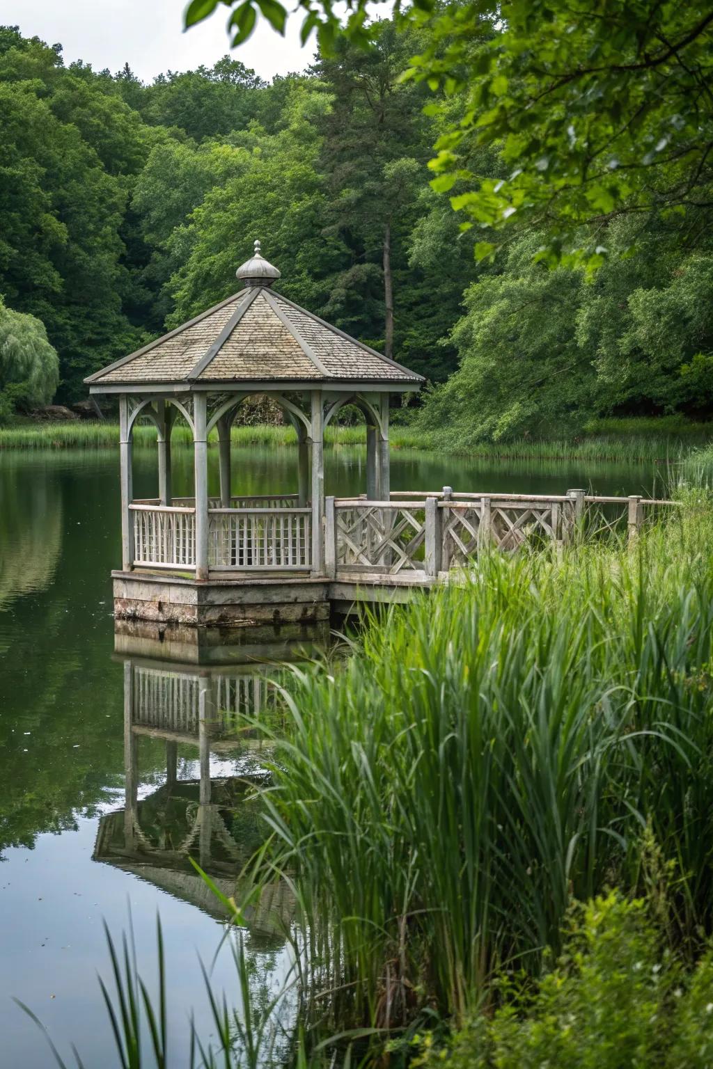 A floating gazebo offers a unique and serene experience on the water.