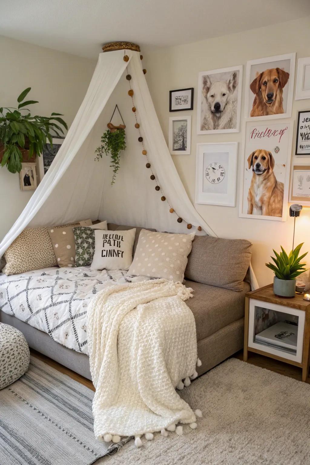 An artful canine corner exhibiting themed artistry and an inviting bed, culminating in a snug retreat.