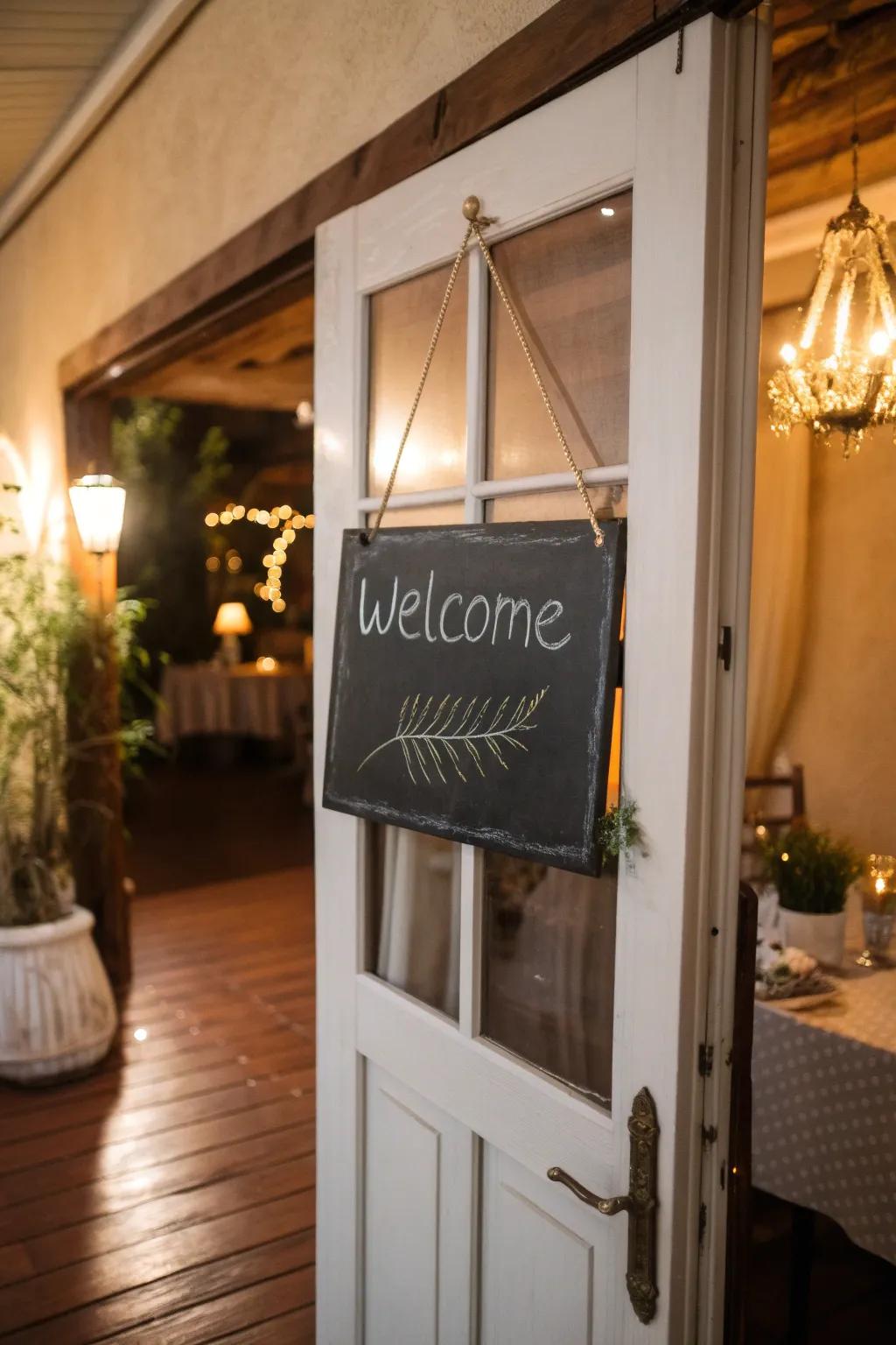A chalkboard sign offers a personal touch to door decor.