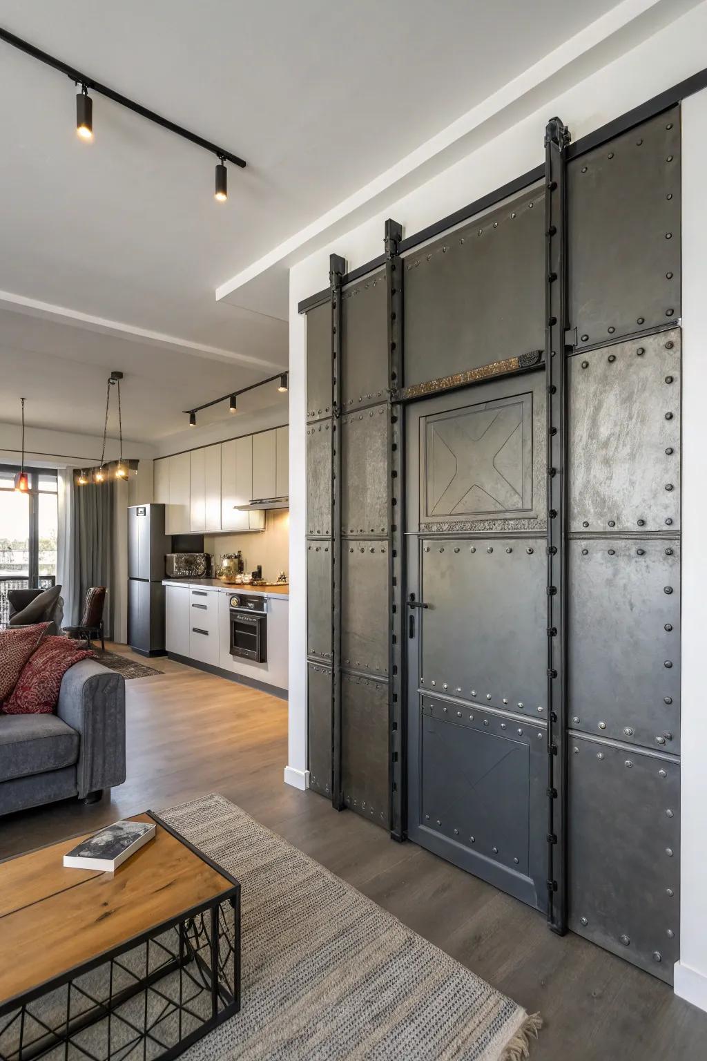 Modern industrial metal doors add personality and definition to this fashionable studio apartment.