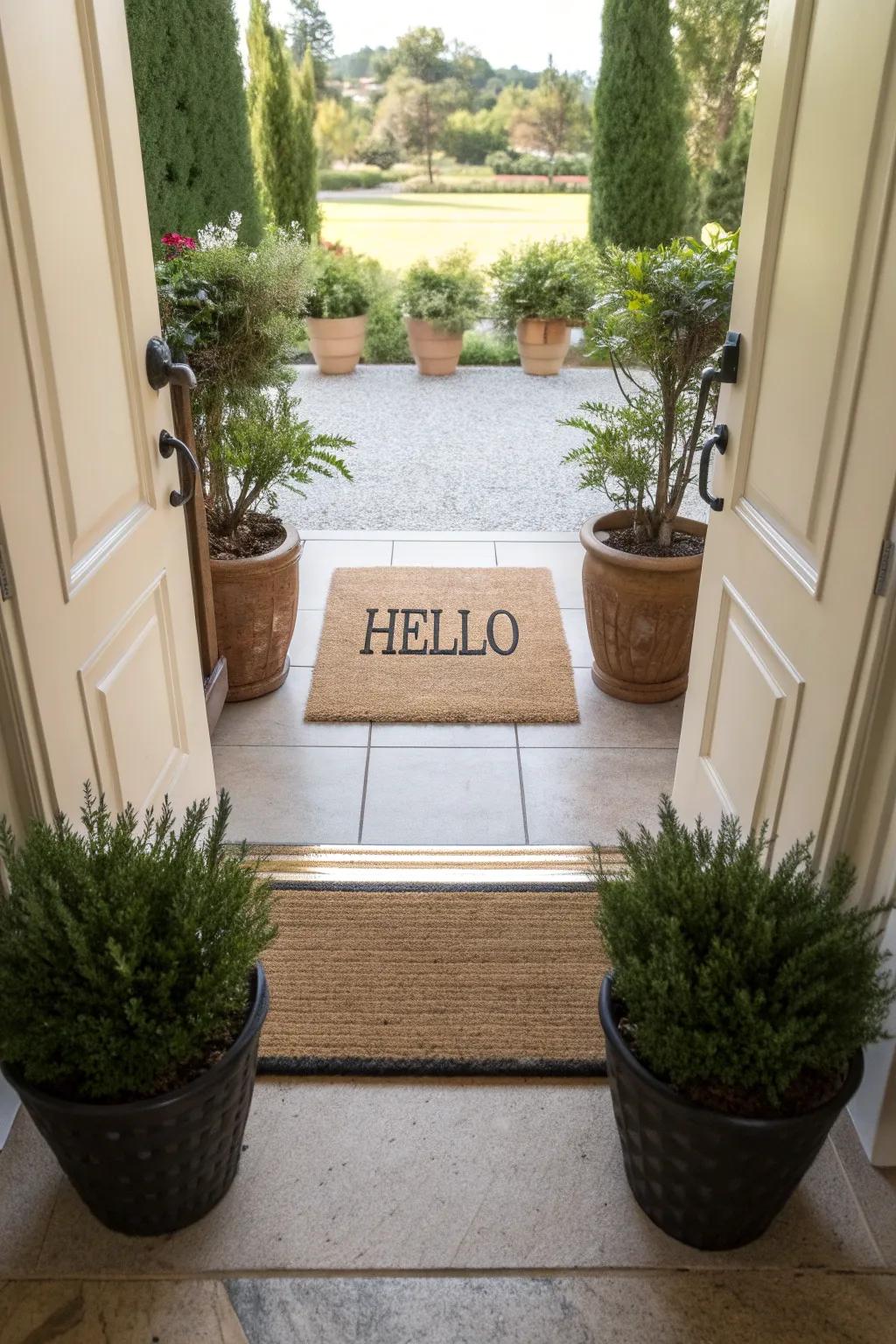 Welcoming words on a doormat offer a friendly initial impression