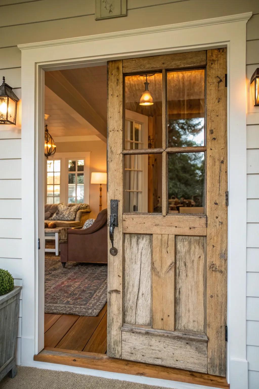 Rustic appeal utilizing salvaged lumber panels.