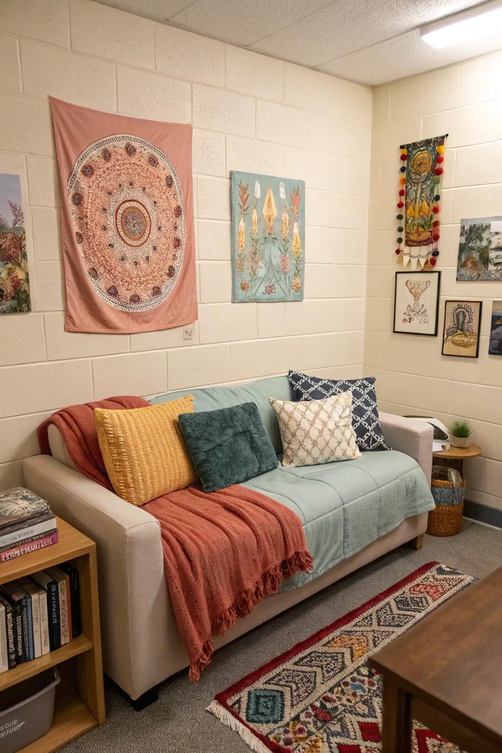 A couch with harmonizing colors enhances the sense of unity in this dorm room.
