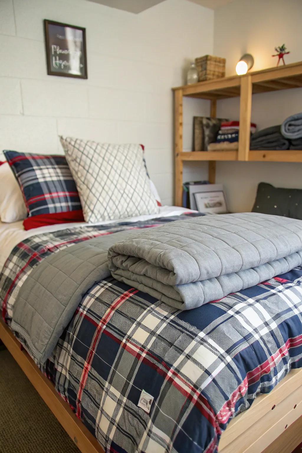 Layers of bedding make your dorm room more comfortable and stylish.
