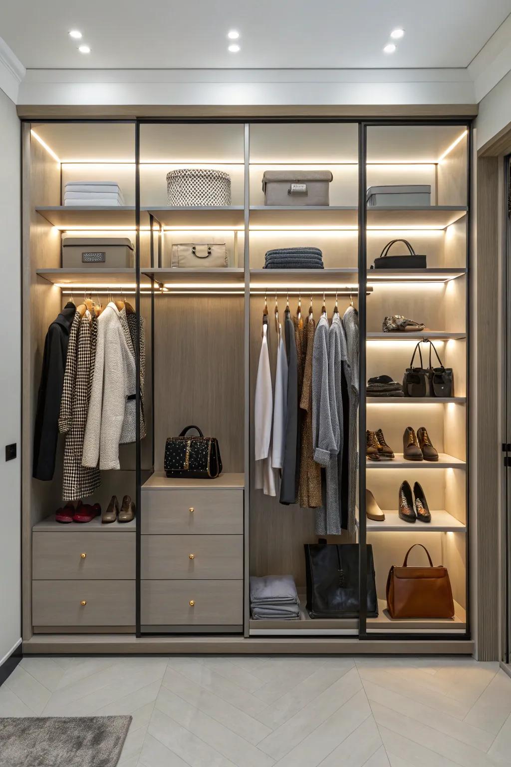 Thoughtful lighting upgrades a double closet into an inviting and luminous space.