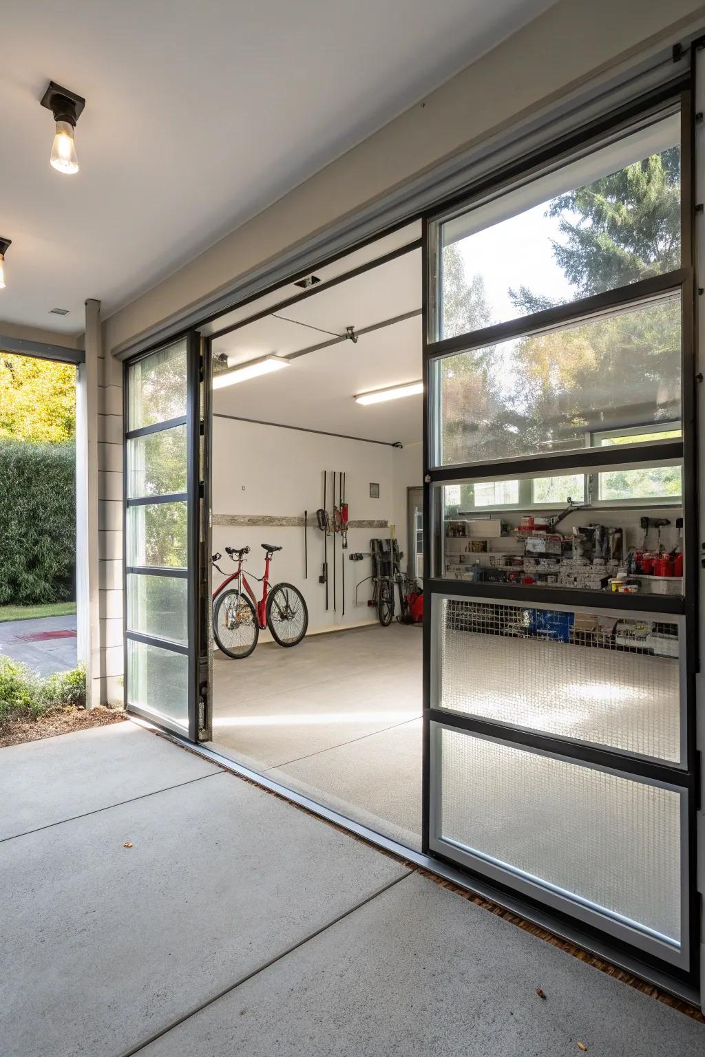Glass sections brighten and open up your garage.