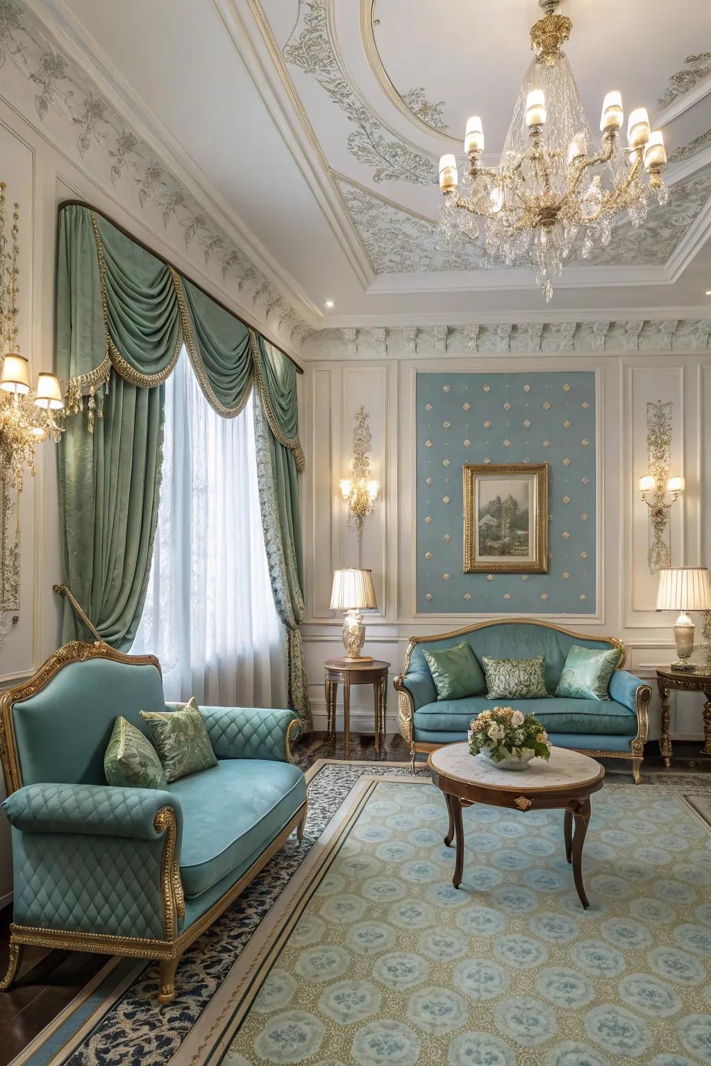 Deep blues and greens produce a sophisticated and soothing atmosphere.