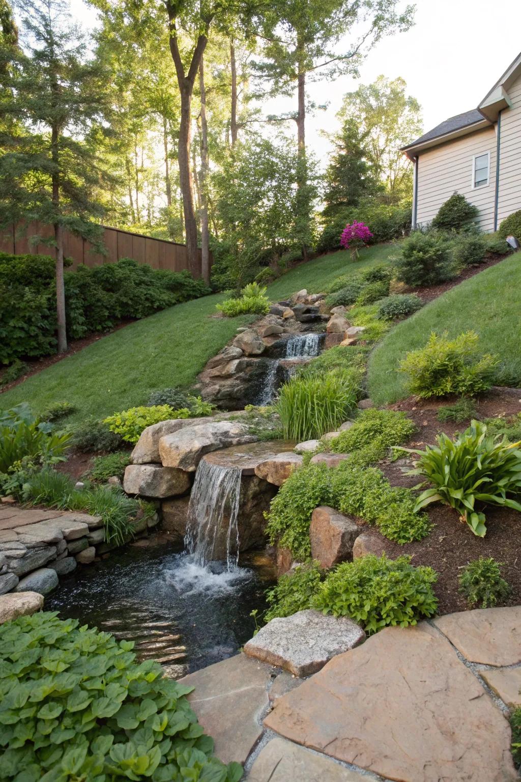 A flowing cascade introduces serenity and loveliness to any sloping backyard.