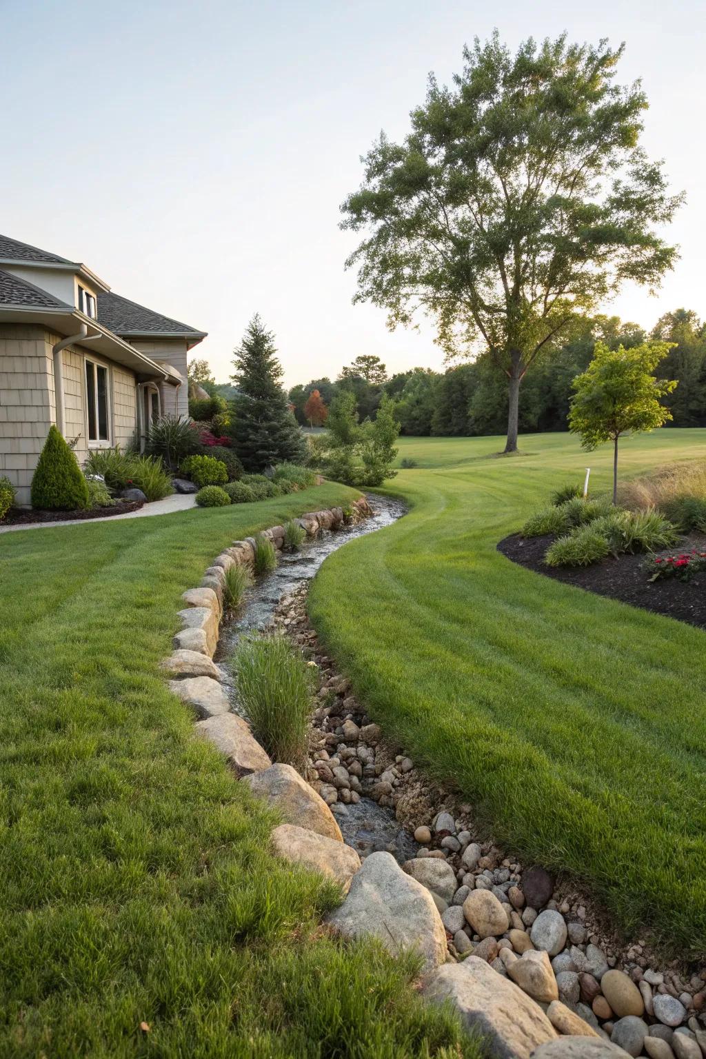 An impeccably integrated drainage channel improves lawn aesthetics.