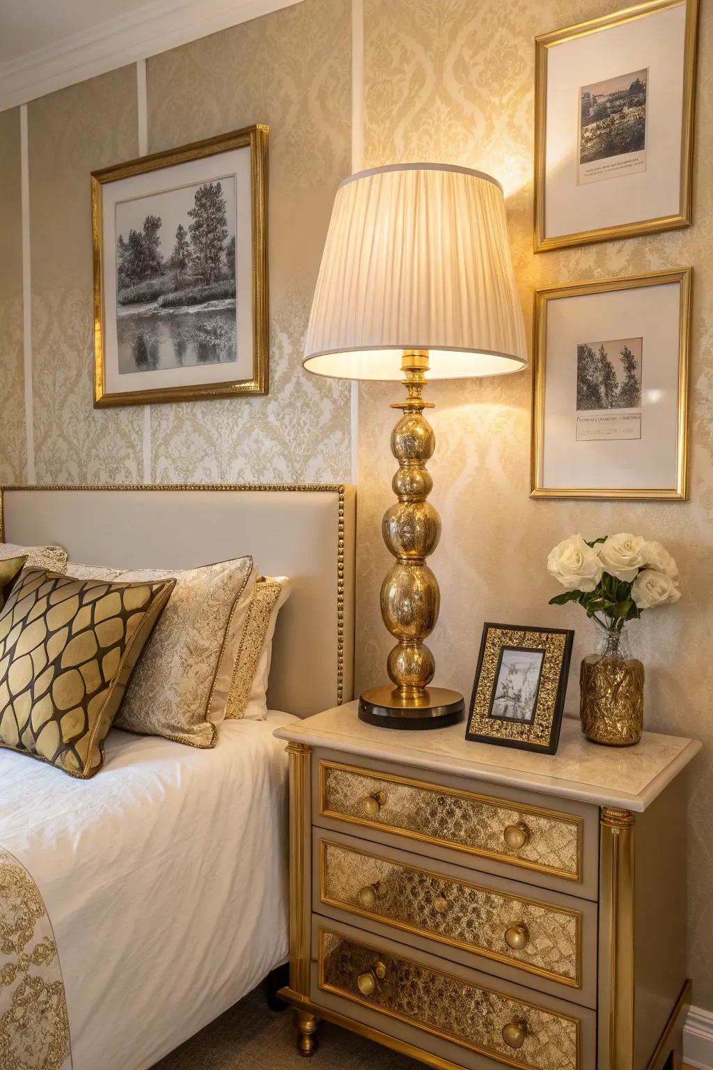 Gold accents contribute a luxurious touch to this dramatic bedroom arrangement.