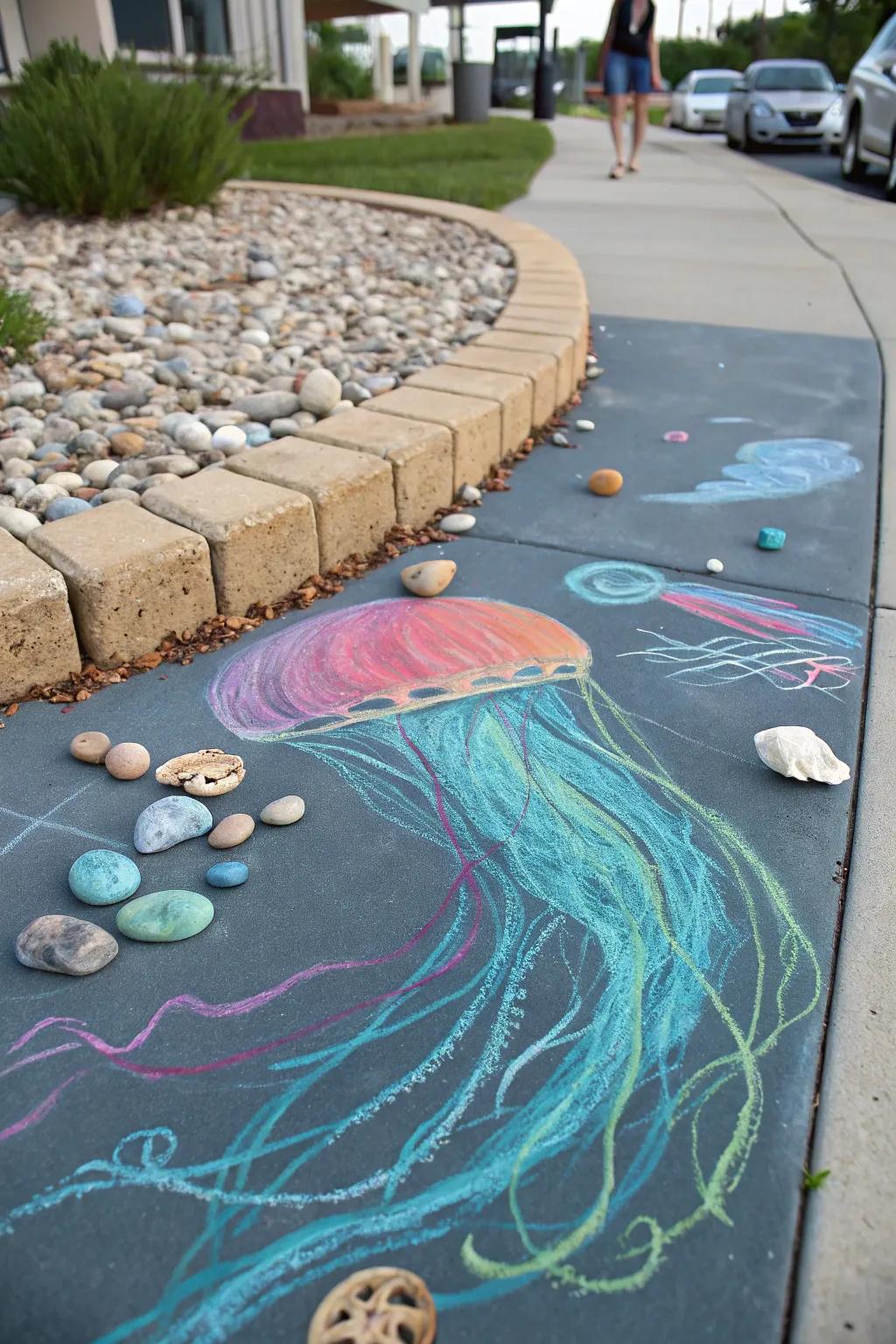 Jellyfish elegantly float across the sidewalk in an enchanting chalk display.