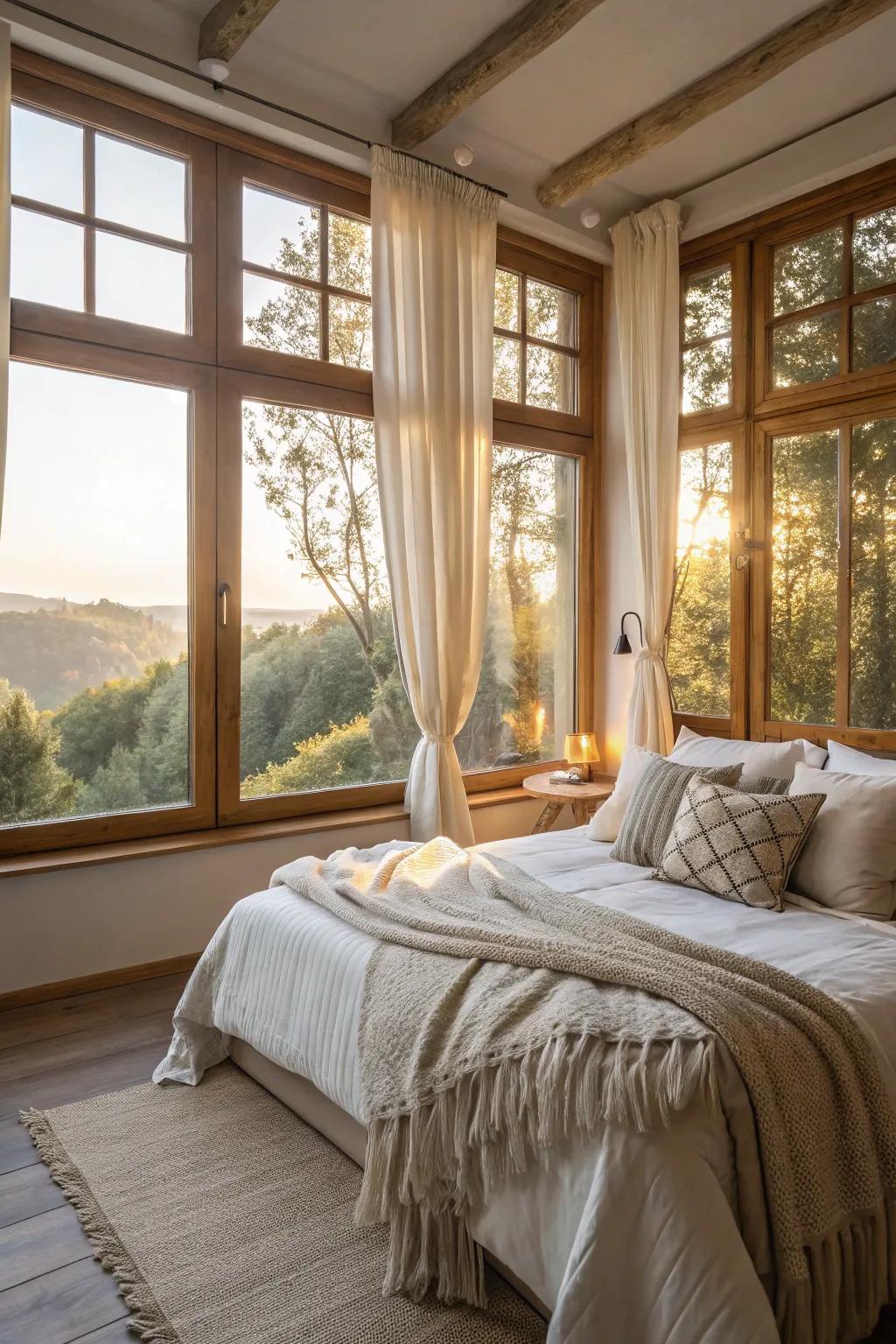 Natural sunlight establishes a radiant and uplifting bedroom atmosphere.