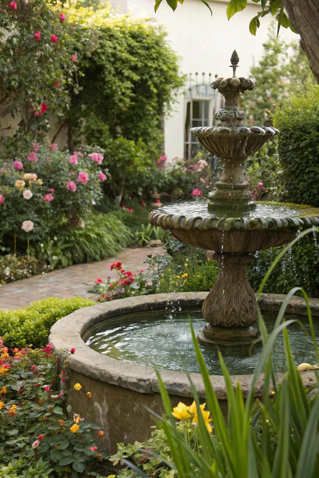 A delightful water feature imparts serenity to the garden.