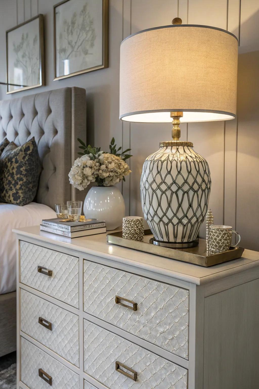 A pottery lamp infuses an artistic element into this dresser arrangement.