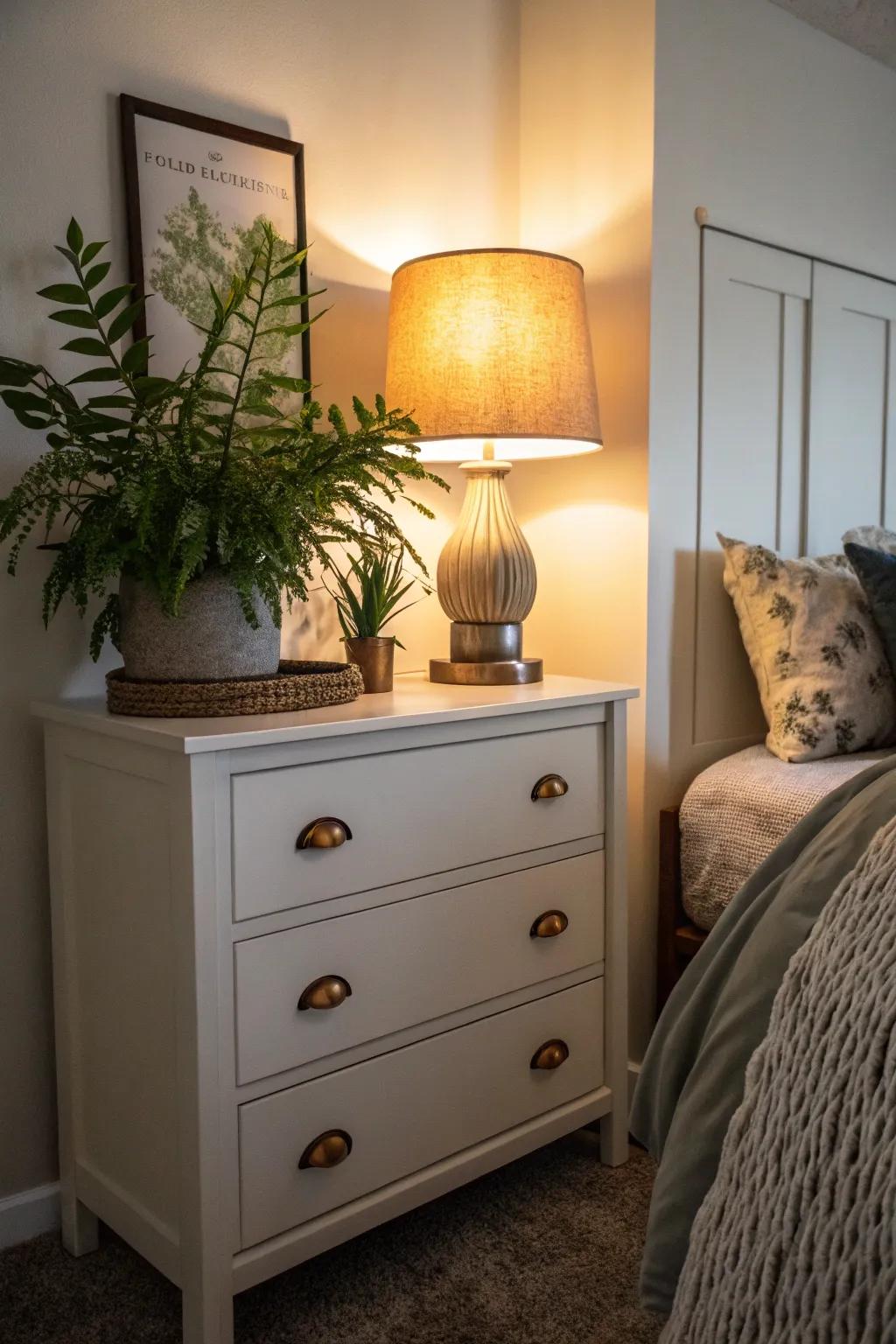 A petite dresser decorated with a lamp and plant, enhancing utility and style.
