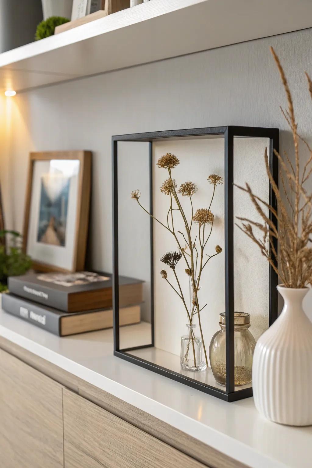 Welcome simplicity with a simplistic dried flower display case.