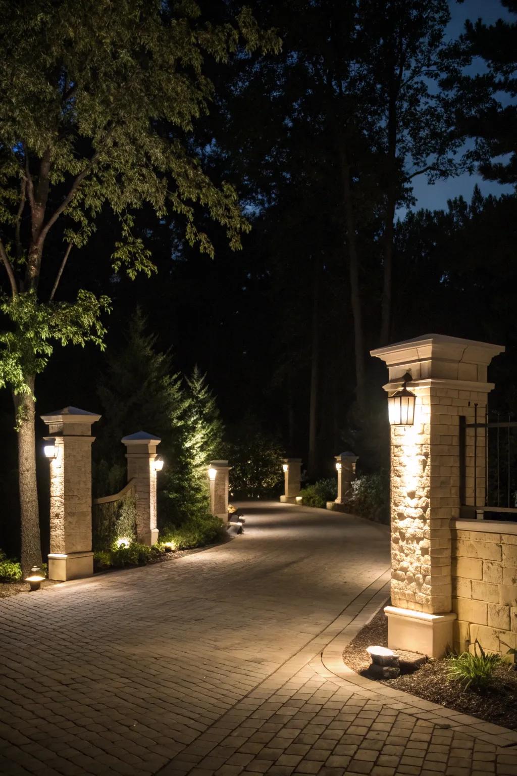 Pillar illumination transforms the driveway entrance into a magical nighttime vista.