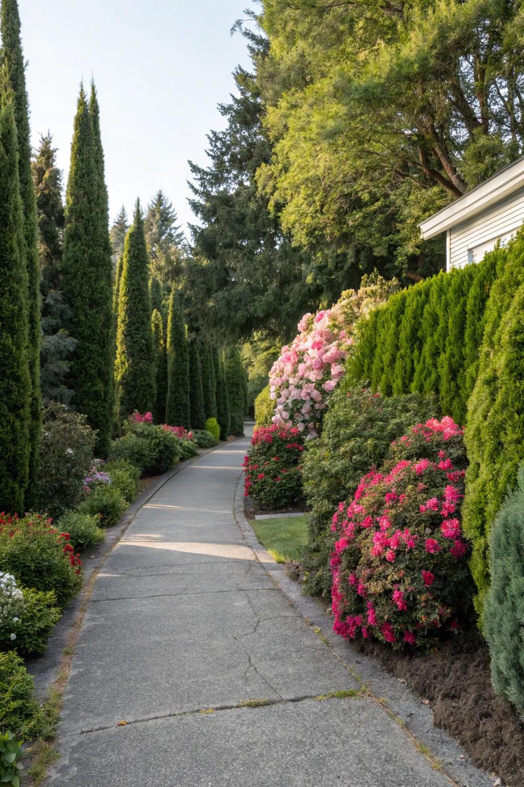 A varied mix of hedges adding texture and hue to a driveway.