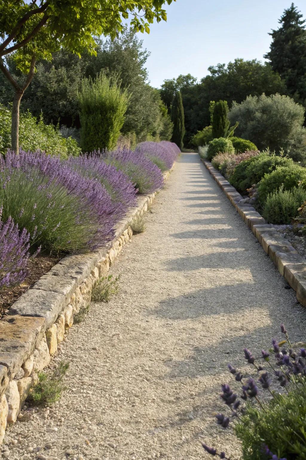 A straightforward gravel path accented with a touch of refinement and vibrant color.