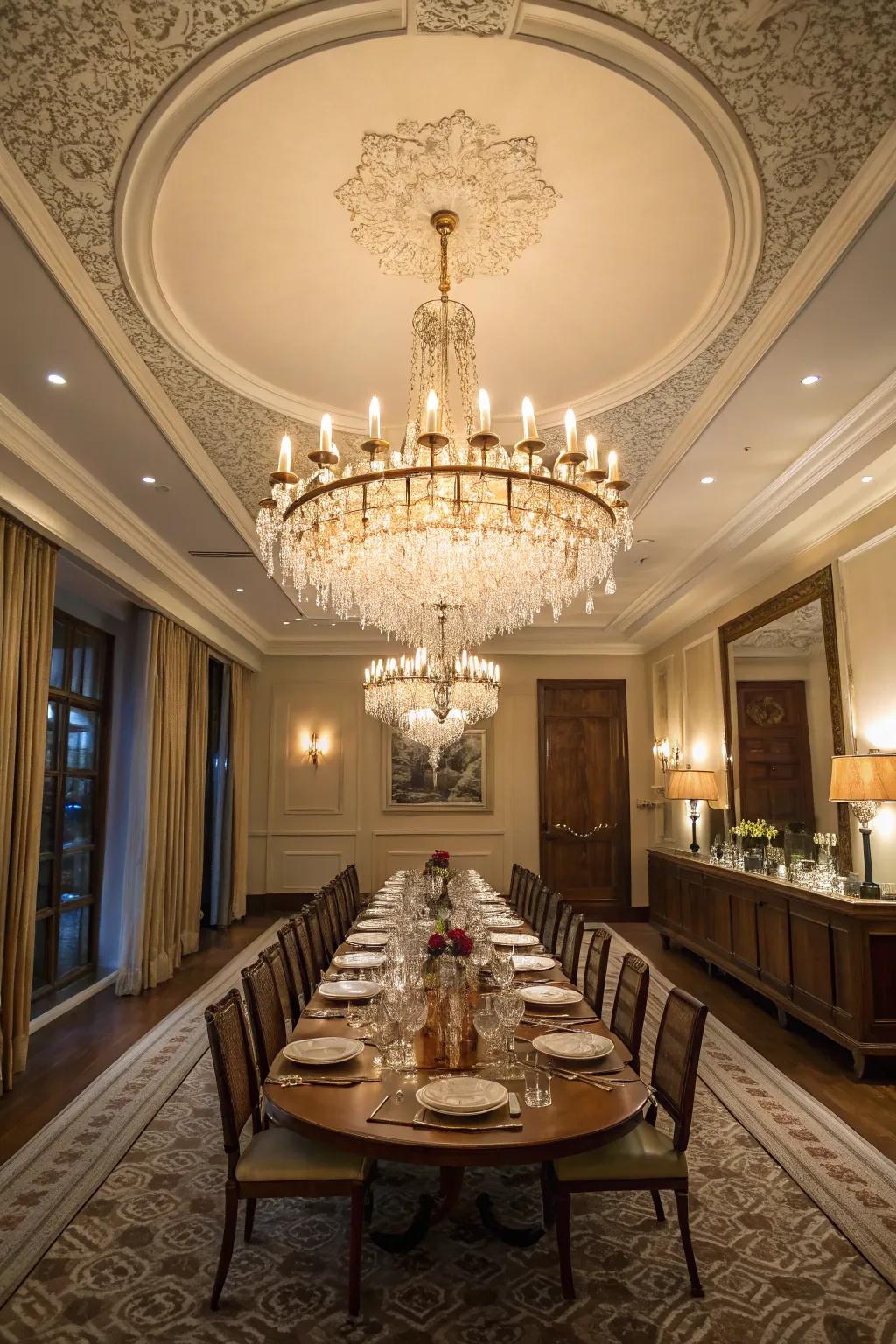 A spectacular overhead fixture enhances this dining area.