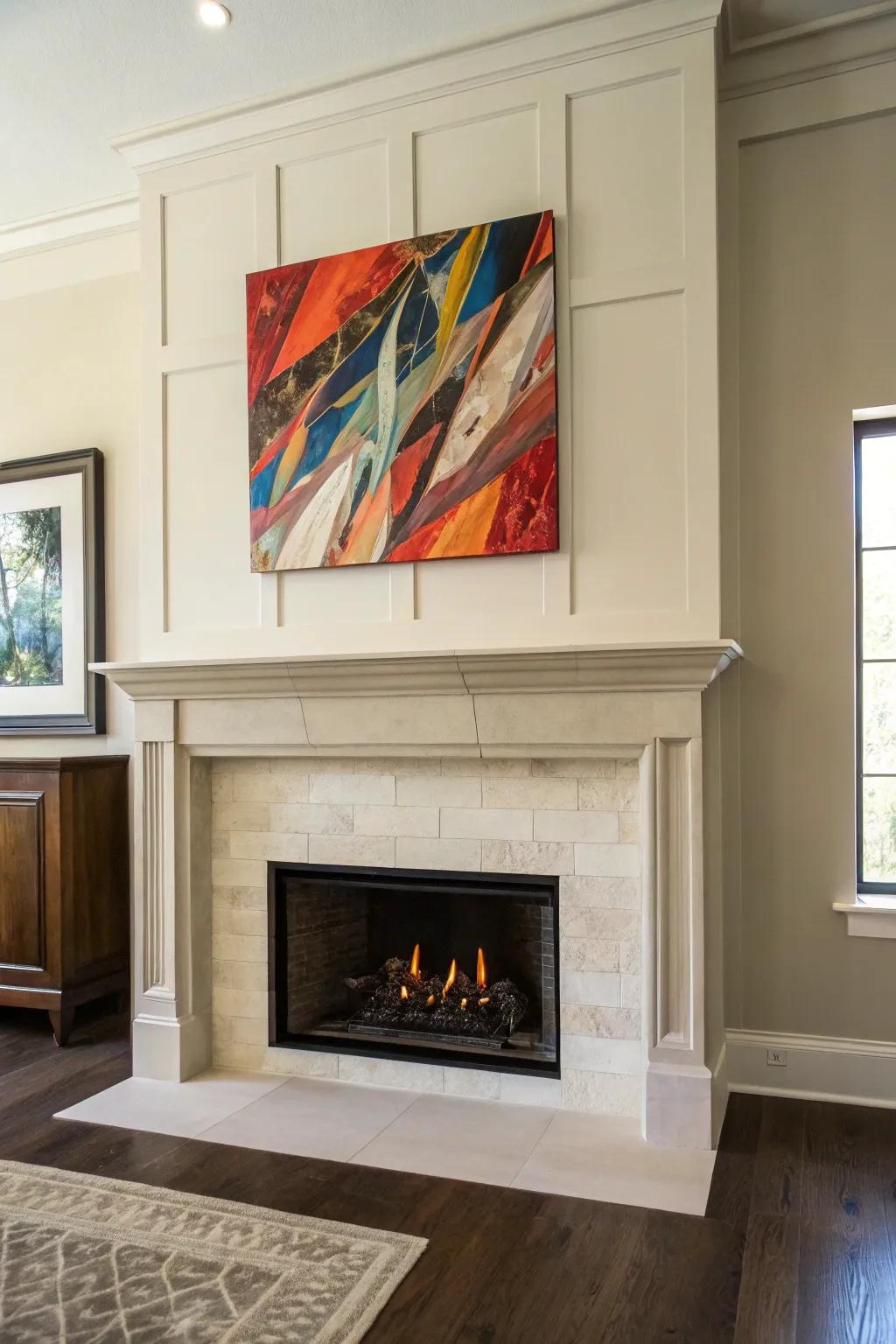 Art displayed above a sheetrock fireplace, creating a captivating focal point.