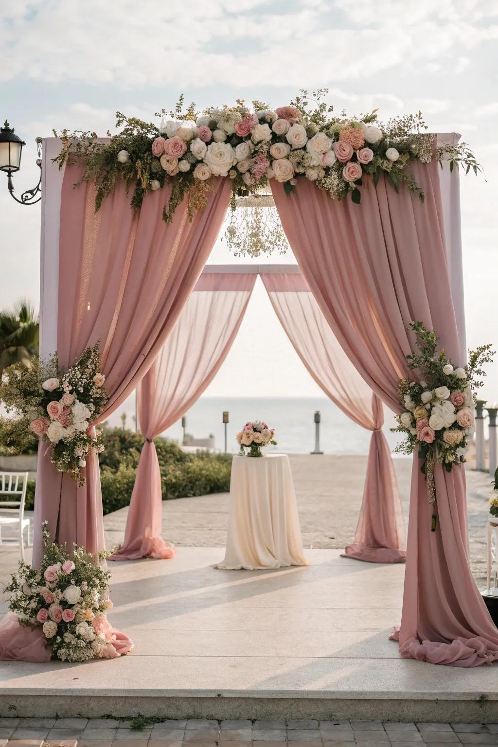 Romantic backdrop with soft blush drapes.