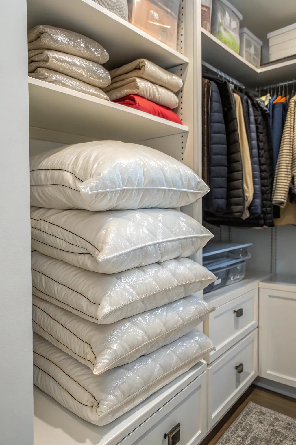 Vacuum storage bags optimize limited space.
